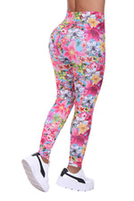 Bon Bon Up Pink Flower Pattern Printed Leggings with Slim and Tone Control (REF.1145)