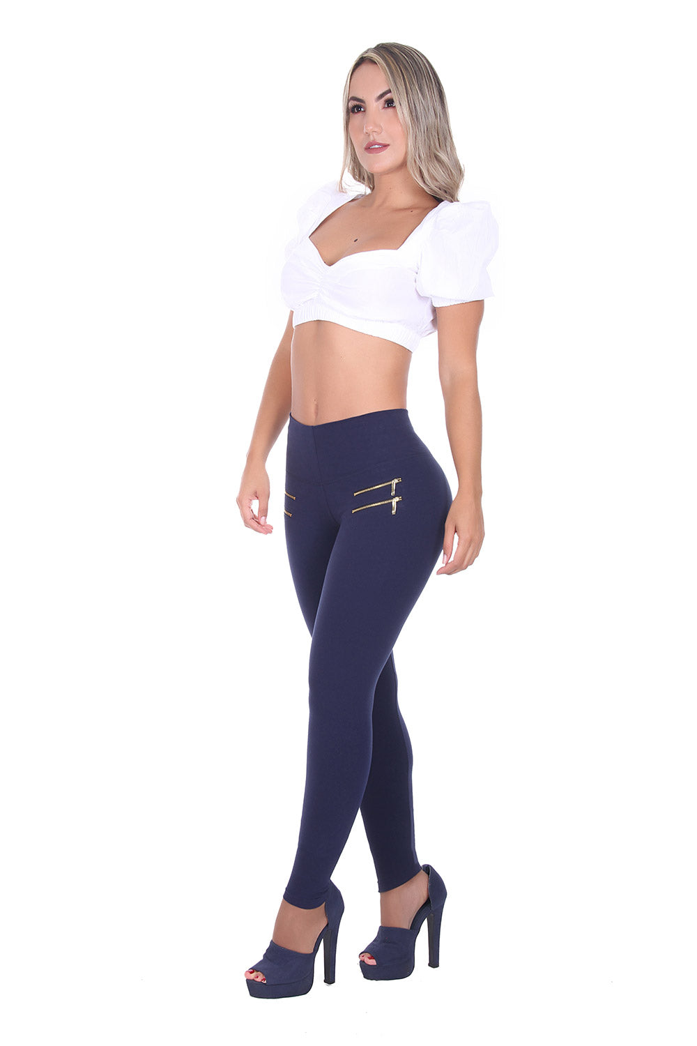 Bon Bon Up Cotton Leggings Blue for Women with Zippers Internal Body Shaper and Butt Lifter (REF.1176)